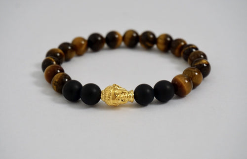 Tiger Eye and Black Matte Bead Bracelet 18kt Gold Plated Buddha Head